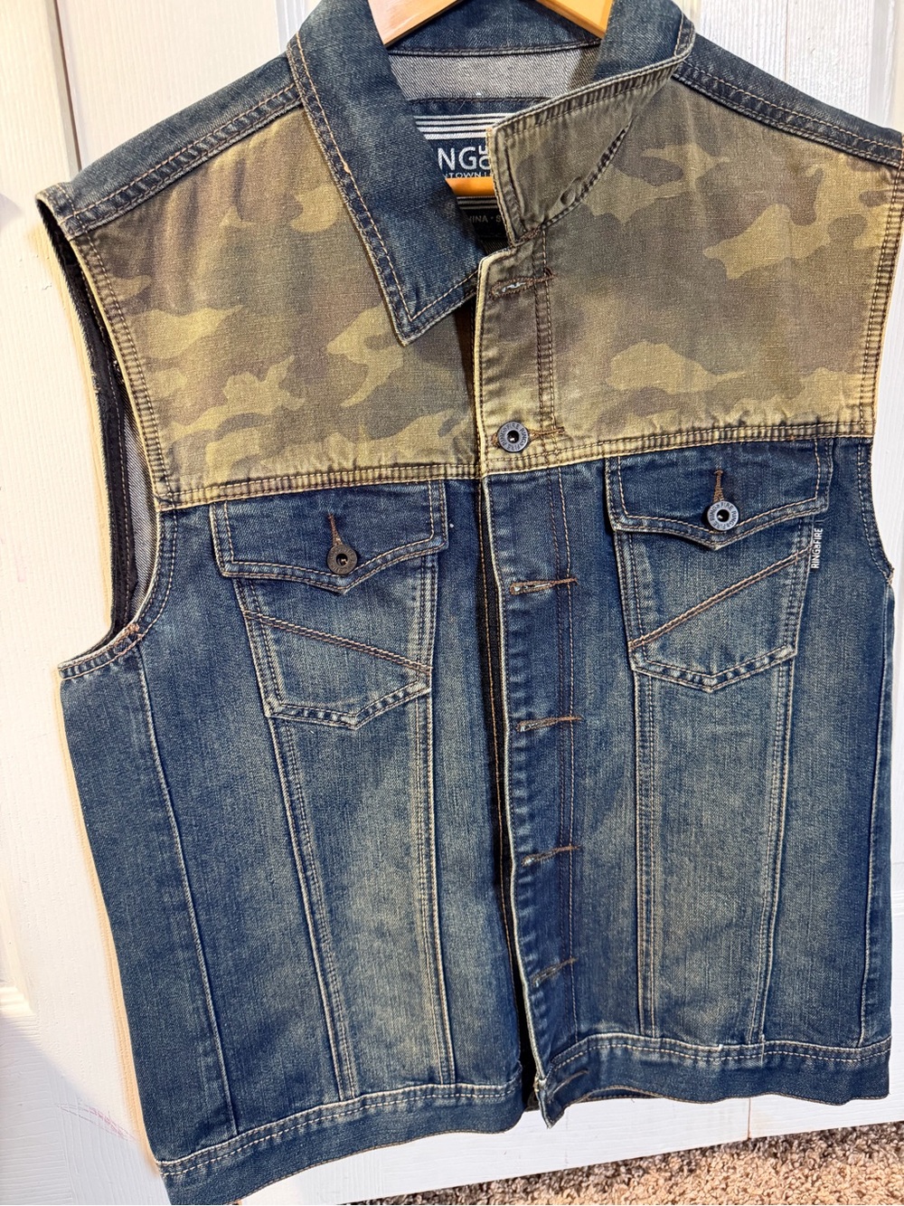 Ring of Fire Blue Denim Vest with Olive Camo Yoke